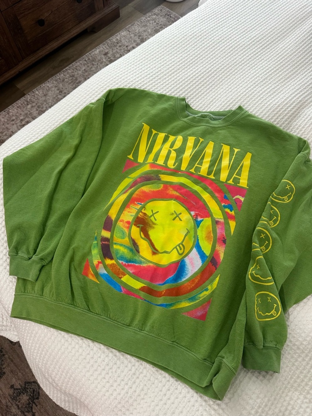 Urban Outfitters Nirvana Green Tie-Dye Smiley Logo Crewneck Sweatshirt